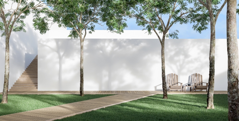 Vue aménagement de jardin d’une maison d’architecte, réalisé par Maison du Gazon.com spécialiste du gazon synthétique dans l’Hérault

